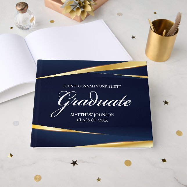 Navy Blue Gold Geometric Custom Abschluss Gästebuch (Vorderseite Offen)