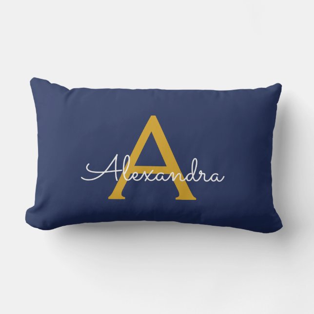 Navy Blue Gold Girl Script Monogram Name Modern Lendenkissen (Vorderseite)