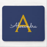Navy Blue Gold Girl Script Monogram Name Modern Mousepad<br><div class="desc">Gold und Navy Blue Monogram Fügen Sie Ihren eigenen Namen Mousepad (Maus Pad). Das macht den perfekten 16 Geburtstag,  Hochzeit,  Brautparty,  Jubiläum,  Babydusche oder Junggeselinnen-Abschied Geschenk für jemanden,  der Lieben glamourösen Luxus und schicke Stile.</div>
