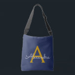 Navy Blue Gold Girl Script Monogram Name Modern Tragetaschen Mit Langen Trägern<br><div class="desc">Jubiläum von Gold und Navy Blue,  Babydusche oder Junggeselinnen-Abschied Geschenk für jemanden,  der Luxus und Chic Lieben.</div>