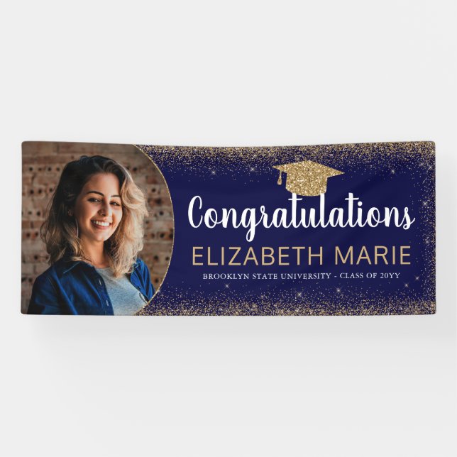 Navy Blue Gold Glitzer 2021 Class Foto Abschluss Banner (Horizontal)