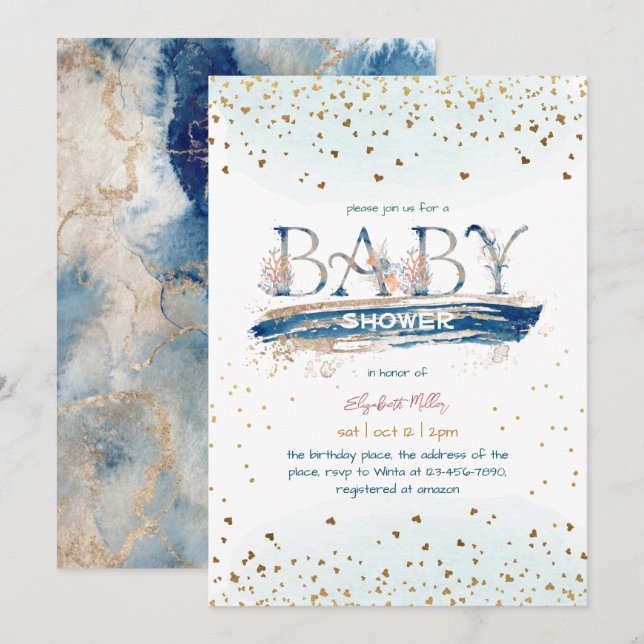 Navy Blue Gold Glitzer Baby Boy Dusche Einladung (Vorne/Hinten)