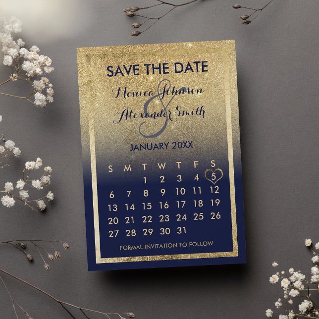 Navy Blue Gold Glitzer Calendar Save the Date Ankündigungspostkarte (Navy Blue Gold Glitter Calendar Save the Date Announcement )