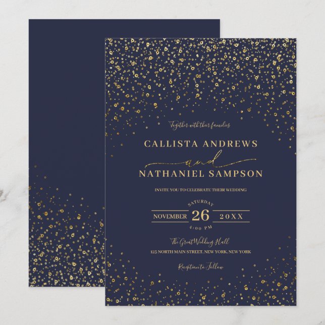 Navy Blue Gold Glitzer Confetti Wedding Einladung (Vorne/Hinten)