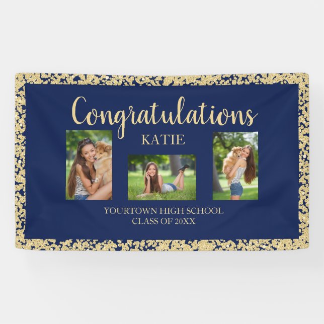 Navy Blue Gold Glitzer Graduation Party Foto Banner (Horizontal)