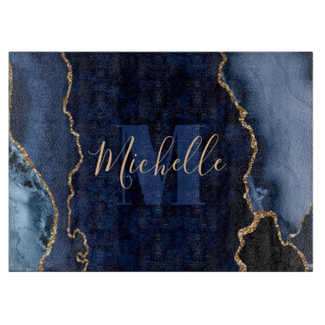 Navy Blue & Gold Glitzer Marble Agate Monogram Schneidebrett (Vorderseite)