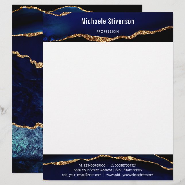 Navy Blue Gold Glitzer Marmor Gerahmt Letterhead Briefbogen (Vorne/Hinten)