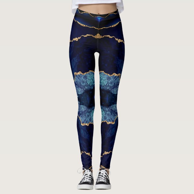 Navy Blue Gold Glitzer Marmorgemone Leggings (Vorderseite)