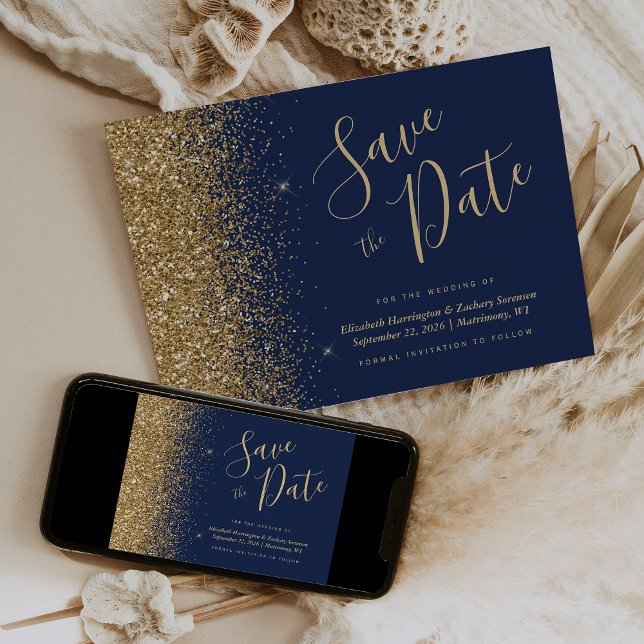 Navy Blue Gold Glitzer Script Save the Date Einladung (Von Creator hochgeladen)