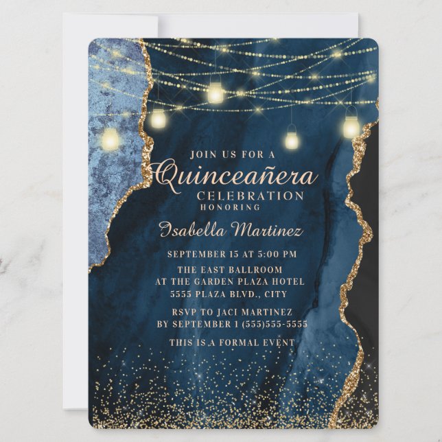 Navy Blue Gold Glitzer String Lights Quinceñera Einladung (Vorderseite)