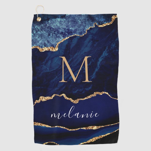 Navy Blue Gold Golf Towel Personalized Name Letter Golfhandtuch (Vorderseite)