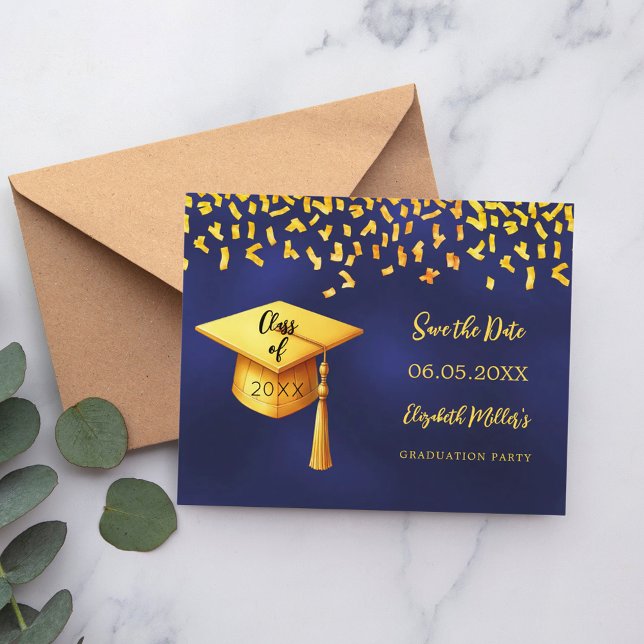 Navy blue gold Graduation Party Save the Date Flyer (Von Creator hochgeladen)