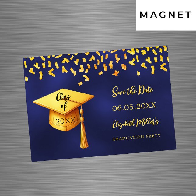Navy Blue Gold Graduation Party Save the Date Kart Magneteinladung (Von Creator hochgeladen)