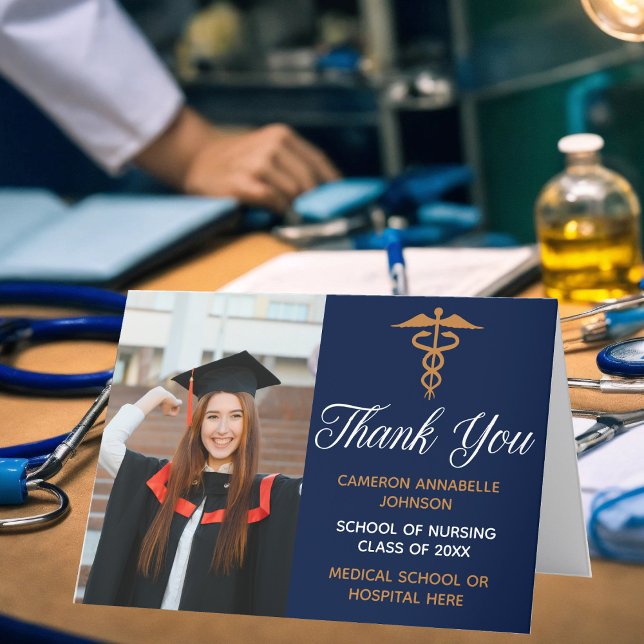 Navy Blue Gold Graduation Photo Medical School Dankeskarte (Von Creator hochgeladen)