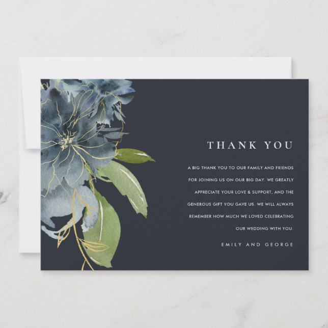 NAVY BLUE GOLD GREEN FLORAL WATERCOLOR WEDD DANKESKARTE (Vorderseite)