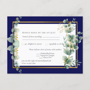 NAVY BLUE GOLD Greenery Eucalyptus Wedding RSVP Postkarte