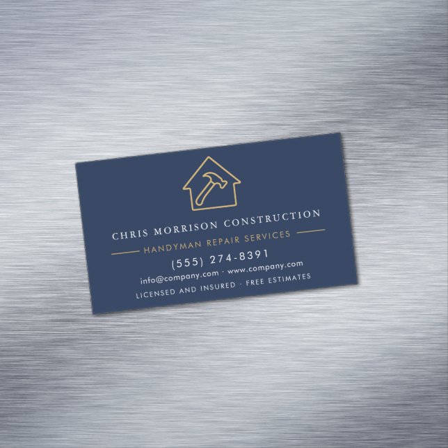 Navy Blue Gold Handyman Construction  Magnetische Visitenkarte (Beispiel)
