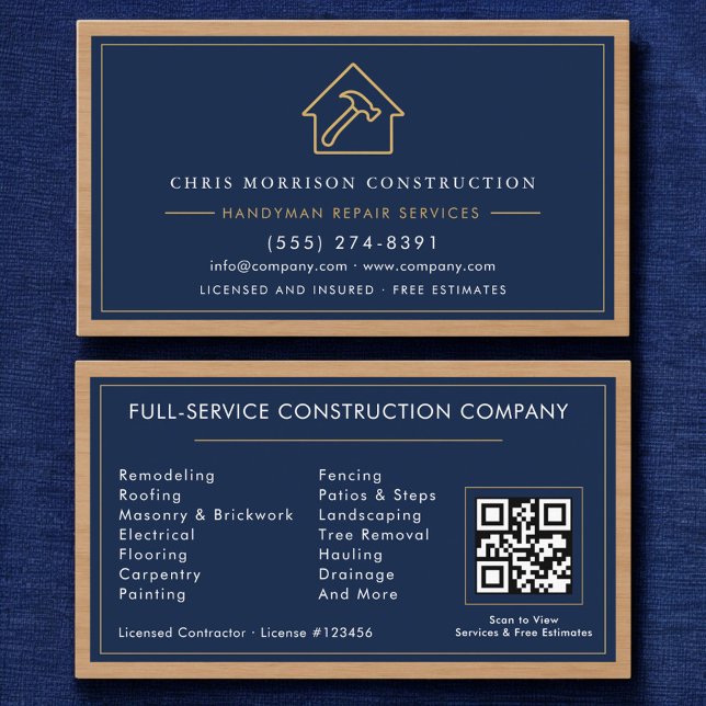 Navy Blue Gold Handyman Wood QR Code Construction Visitenkarte (Von Creator hochgeladen)
