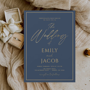 Navy Blue Gold Hochzeit Modernes Skript Einladung