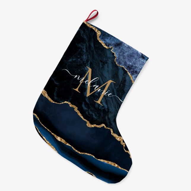 Navy Blue Gold Ihr Name Letter Weihnachten Strumpf Großer Weihnachtsstrumpf (Vorderansicht (hängend))