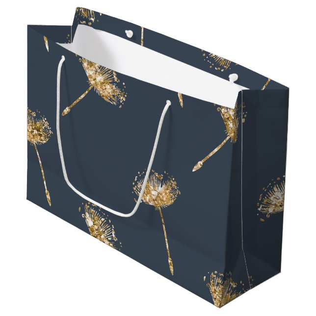 Navy Blue Gold Imitats Glitzer Dandelion Blume Große Geschenktüte (Vorderseite Schrägansicht)