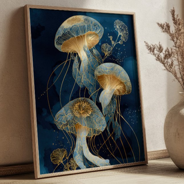 Navy Blue& Gold Jellyfish Kintsugi Ink Art Ocean Poster (Von Creator hochgeladen)
