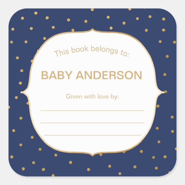 Navy Blue + Gold Konfetti Babydusche Buchzeichen Quadratischer Aufkleber (Vorderseite)