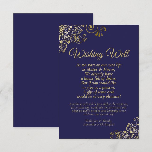 Navy Blue & Gold Lace Hochzeit wünscht gutes Gedic Begleitkarte (Vorne/Hinten)