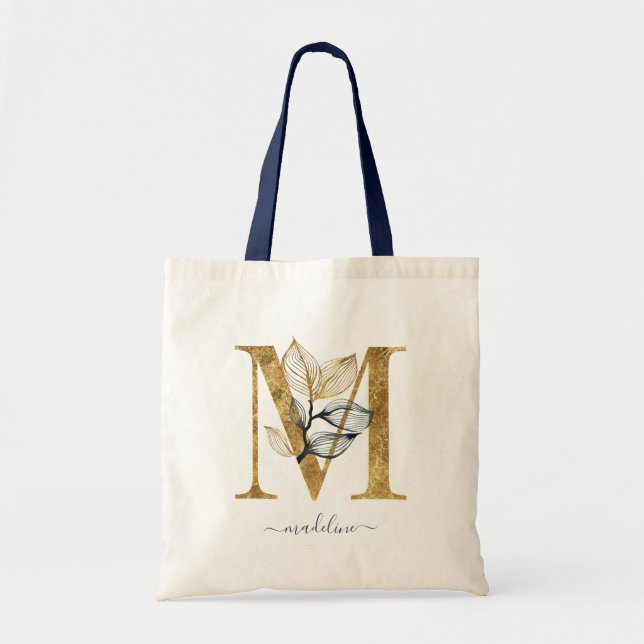Navy Blue Gold Leaf Moderne Monogram Letter "M" Tragetasche (Vorne)