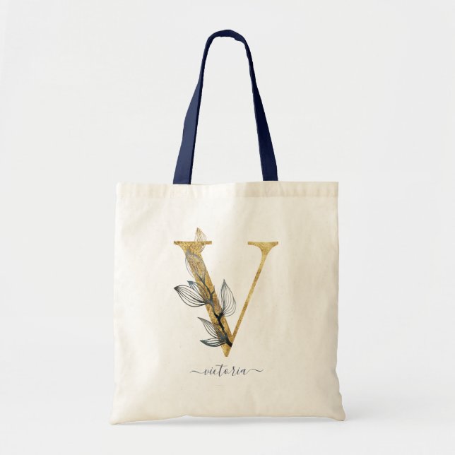 Navy Blue Gold Leaf Modernes Monogram Letter "V" Tragetasche (Vorne)