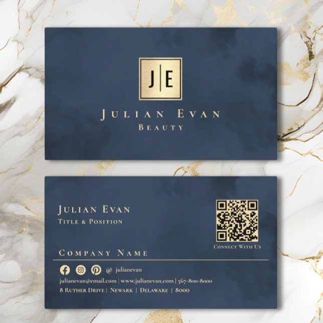 Navy Blue Gold Luxury Monogram Business Card Visitenkarte (Von Creator hochgeladen)