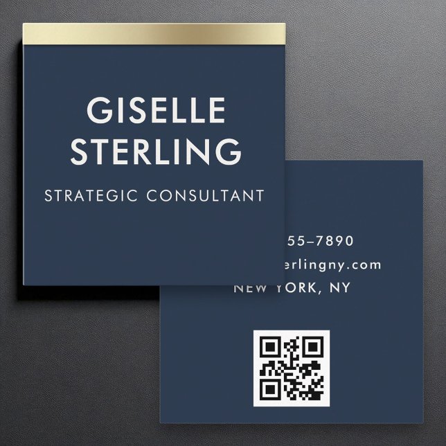 Navy Blue Gold Luxury QR Code Minimale Typografie Quadratische Visitenkarte (Von Creator hochgeladen)