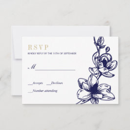 Navy Blue Gold Magnolia Blume Bloom Wedding RSVP