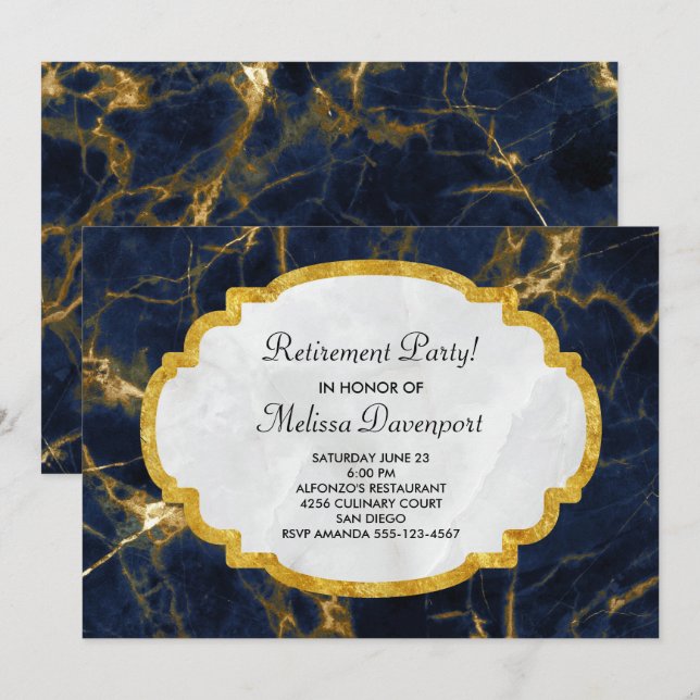 Navy Blue & Gold Marble Moderne stilvolle Pension Einladung (Vorne/Hinten)