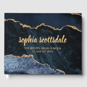 Navy Blue Gold Marmor Agate Graduation Party Gästebuch