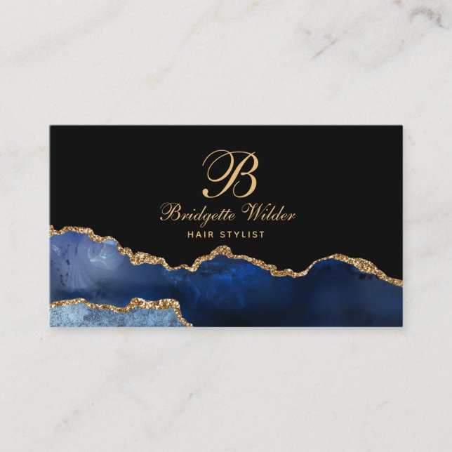 Navy Blue Gold Marmor Agate Hair Stylist Business Visitenkarte (Vorderseite)