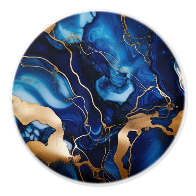 Navy Blue Gold Marmor Alkohol Tinte Abstrakt Keramikknauf (Vorderseite)