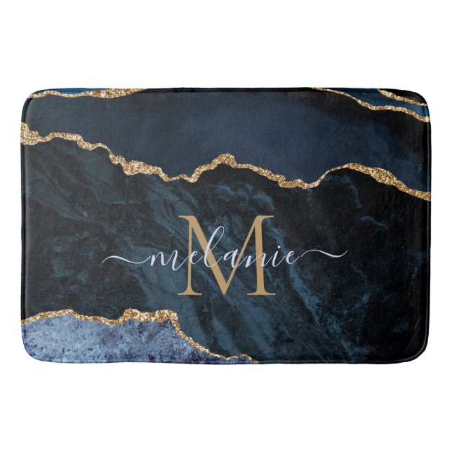 Navy Blue Gold Marmor benutzerdefinierte Buchstabe Badematte (Vorderseite)