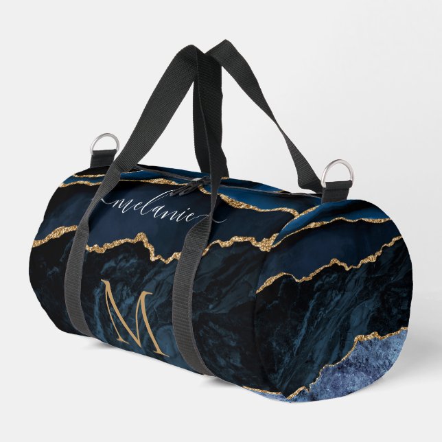 Navy Blue Gold Marmor Monogram Custom Your Name Duffle Bag (Linke Seite)