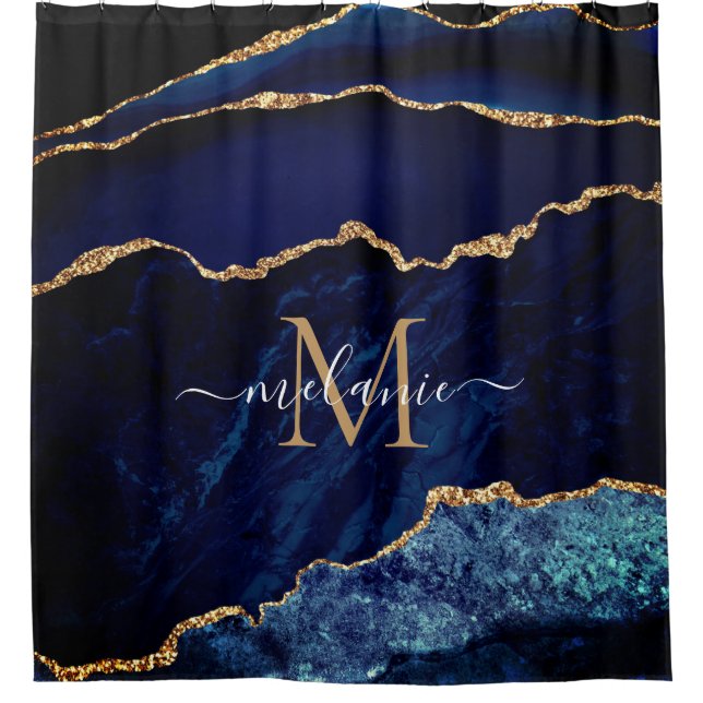 Navy Blue Gold Marmor Monogram Name Duschvorhang (Vorderseite)