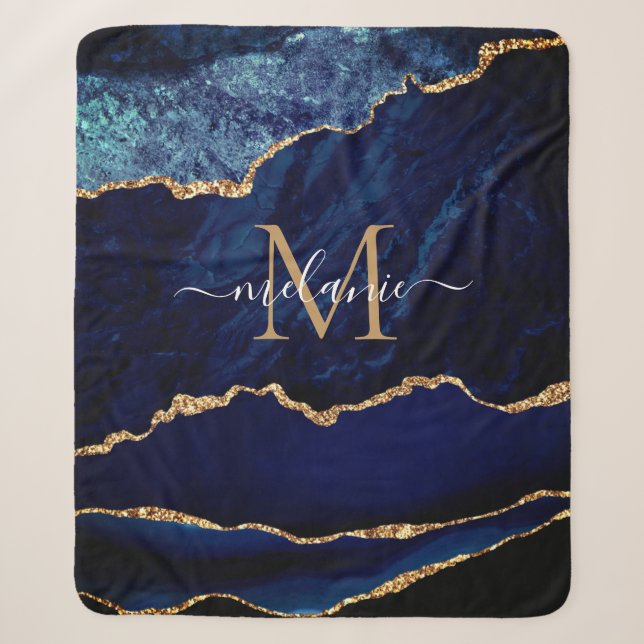 Navy Blue Gold Marmor Monogram Name Sherpa Blanket Sherpadecke (Vorderseite)