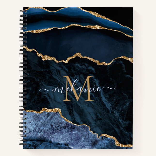 Navy Blue Gold Marmor Notebook Individuelle Name L Notizbuch (Vorderseite)
