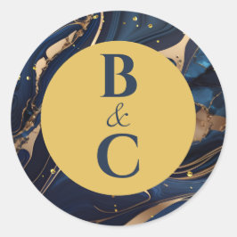 Navy Blue & Gold-Marmorkleber mit Initialen Runder Aufkleber