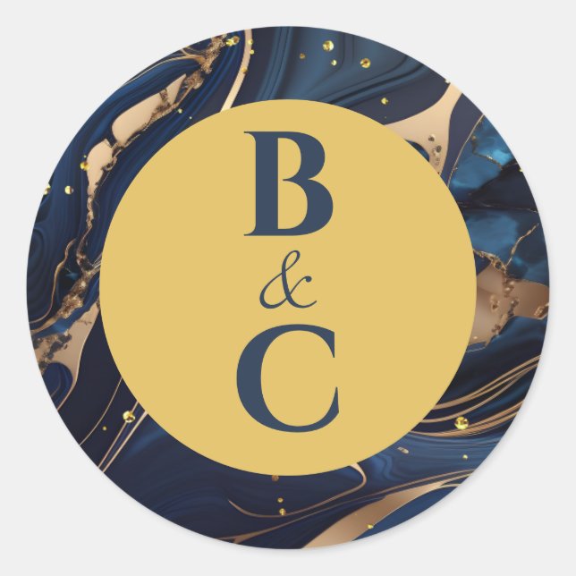 Navy Blue & Gold-Marmorkleber mit Initialen Runder Aufkleber (Vorderseite)
