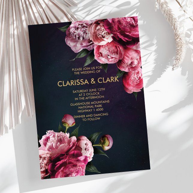 Navy Blue & Gold mit romantischen Peongs Einladung (Von Creator hochgeladen)