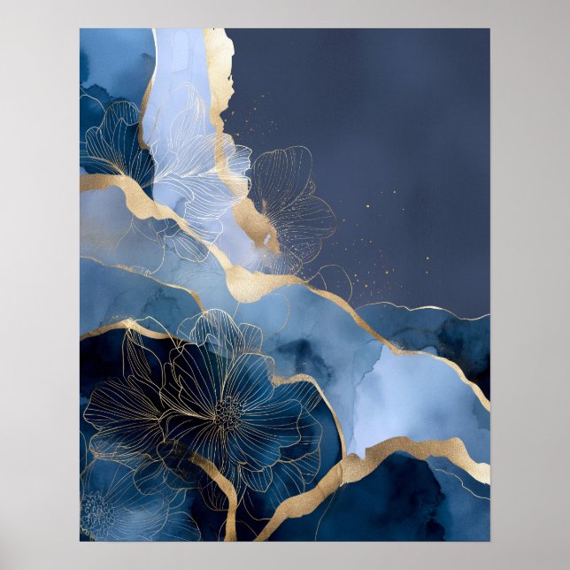 Navy Blue Gold Modern Abstract Flowers Wall Art Poster (Vorne)