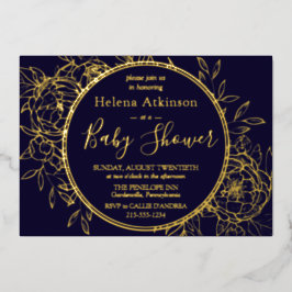 Navy Blue & Gold Modern Peony Toile Baby Dusche Folieneinladung