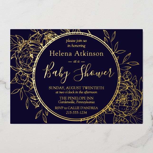Navy Blue & Gold Modern Peony Toile Baby Dusche Folieneinladung (Vorderseite)