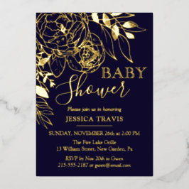 Navy Blue & Gold Moderne Blumen Baby Dusche Folieneinladung
