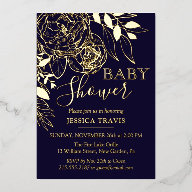 Navy Blue & Gold Moderne Blumen Baby Dusche Folieneinladung (Vorderseite)